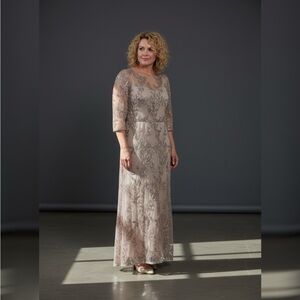 R&M Richards Champagne Embellished Lace Evening Gown